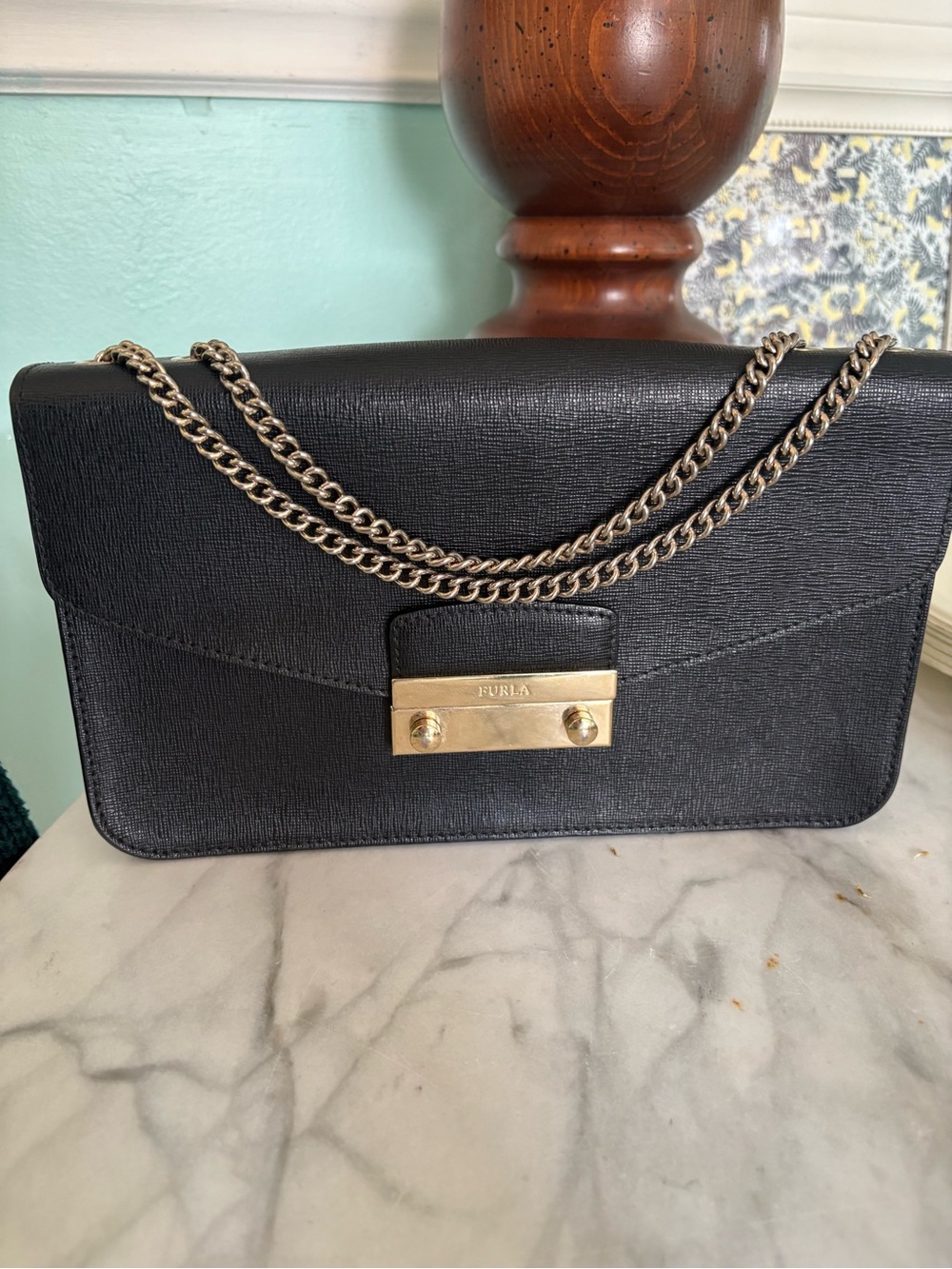 Furla Black Leather Shoulder Bag with Gold Chain